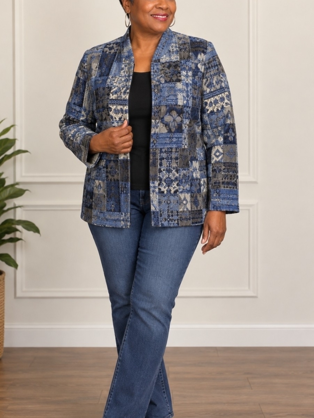 Susan Graver Style Tapestry Jacquard Zippered Jacket Large Blue Patchwork